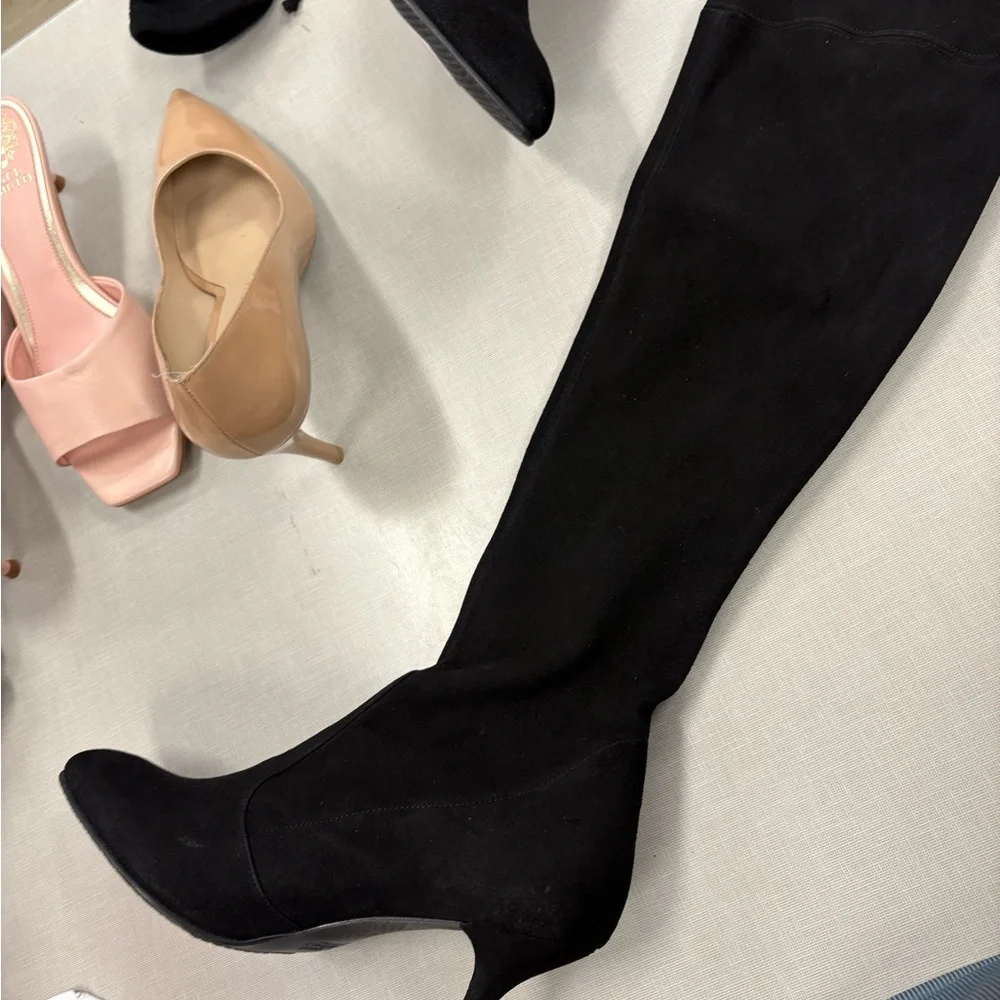 Stuart Weitzman Black Over-The-Knee Boots — Sleek Stretch Suede 9.5